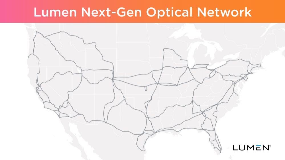 A light gray outline map of the contiguous United States overlaid with thin network route lines. A pink-to-orange gradient header bar reads 'Lumen Next-Gen Optical Network' in white. The Lumen wordmark sits in the lower right corner.