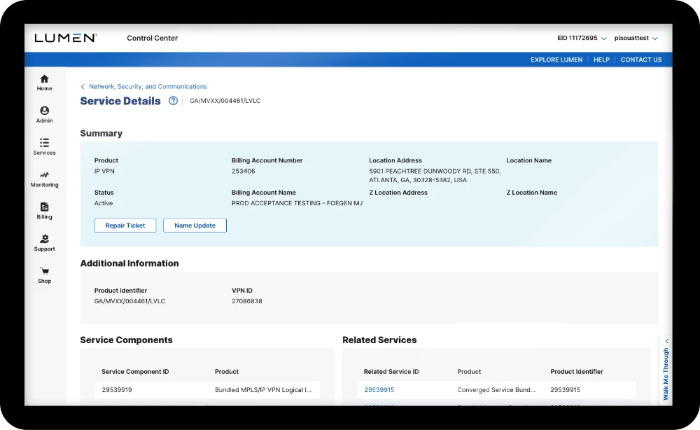 A screenshot of the Lumen Control Center web portal showing a Service Details page. The top bar shows the Lumen logo, the label Control Center, and account identifiers. A left sidebar has navigation icons for Home, Admin, Services, Monitoring, Billing, Support, and Shop. The main Summary panel lists Product (IP VPN), Billing Account Number, a location address in Atlanta, Georgia, Status (Active), and Billing Account Name, with Repair Ticket and Name Update buttons. Below are an Additional Information section with Product Identifier and VPN ID, and Service Components and Related Services tables.