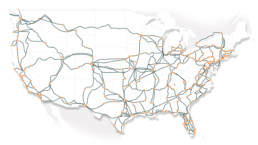 Outline map of continental United States with blue and orange lines depicting network routes between major cities. 